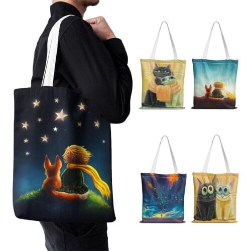 Little Prince Printed Shopping Bag For Unisex Fashion Casual Canvas Shoulder Bag Women Harajuku Simple Eco Reusable Handbags