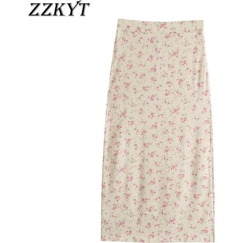 ZZKYT 2021 Women Summer Vintage Floral Print High Waist Split Midi Skirt Fashion Zipper Streetwear Gril Skirts Casual Vestidos