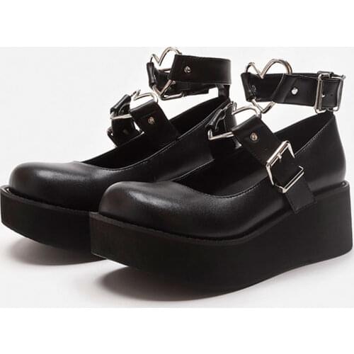 2021 Big Size 43 Sweet Lolita Black Gothic Style Girls Heart Decoration Comfortable Mary Janes Flats Platform Casual Women Shoes