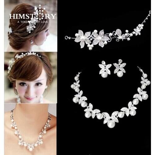 Fashion Design Flower Crystal Pearl Bride 3pcs Set Necklace Earrings Tiara Bridal Wedding Jewelry Set Accessories For Women