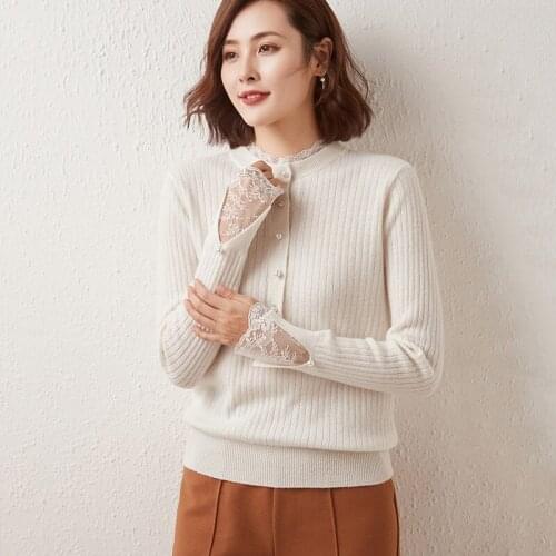 Half High Neck Lace Trim Pure Wool Sweater Womens Autumn Winter Short Pullover Bottoming Shirt Slim Slimming Knit Sweater Top