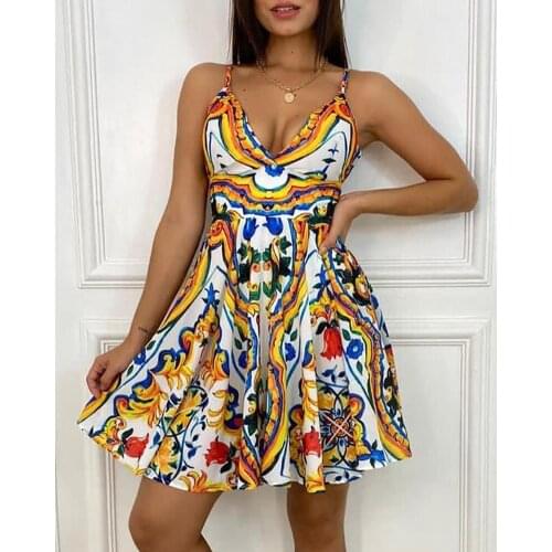 2021 Women Boho Bodycon Floral Print Dress Sleeveless Lady Elegant Summer Vintage Sundress V-neck Mini Pleated Dress