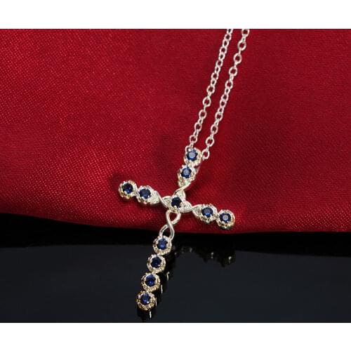Popular brand charm 925 Sterling Silver Blue crystal cross Pendant Necklace For Women Holiday gift classic Wedding party Jewelry