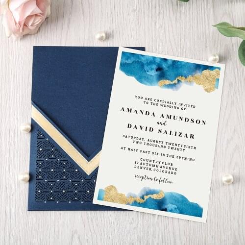 100pcs Navy Blue Gold Burgundy Red Vertical laser cut Quinceamera Anniversary party wedding invitation