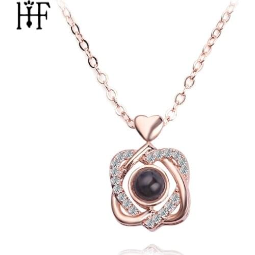 2020 Fashion Necklaces 100 Language I Love You Statement Necklace Bijoux For Women Gift Double Heart CZ Crystal Boho Collier