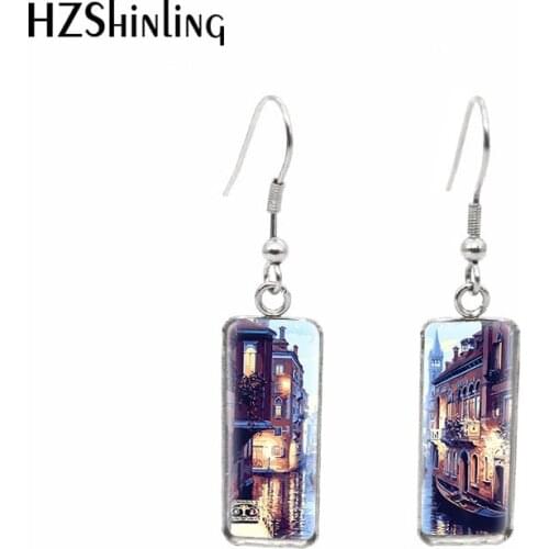 2020 New Venice Night Landscape Painting Earring Rectangular Hook Earrings Glass Picture Romantic Art Jewelry