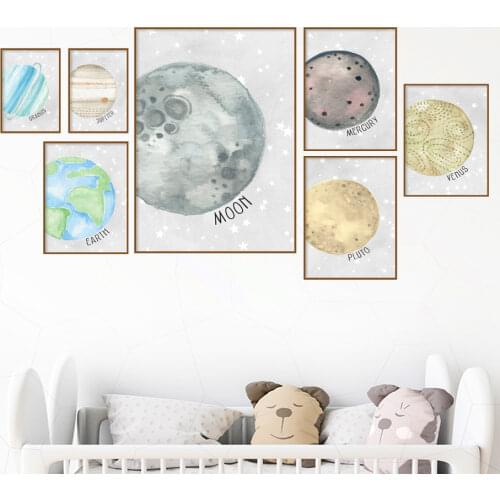 Earth Moon Pluto Cartoon Universe Planet Art Canvas Painting Nordic Posters And Prints Wall Pictures For Kids Room Nursery Decor