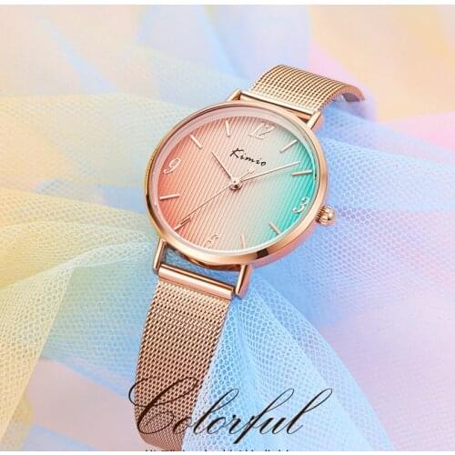 Kimio Brand Fashion Ladies Rainbow Colors Big Dial Watch for Women Stainless Steel Mesh Belt Woven Watch Clock