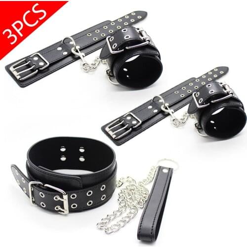 Adult Games PU Leather Bdsm Bondage Set Fetish Sex Slave Collar, Hand Cuffs, Ankle Cuffs,Restraint Cosplay Sex Toys For Couples