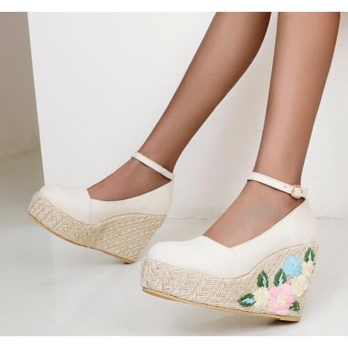 Lightweight Wood Texture Wedge Buckle High Heels Hand-Woven High Waterproof Platform Comfortable Platform Flower Womens Shoes