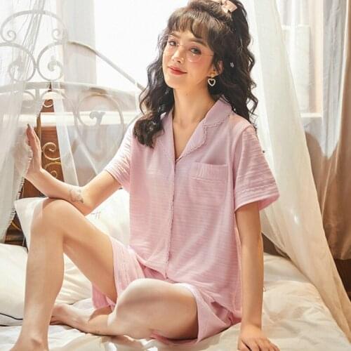 Summer Simple and Comfortable Pajamas Solid Color Short Sleeve Lounge Wear Women Two Piece Shorts Set Home Wear Sexy Sleepwear
