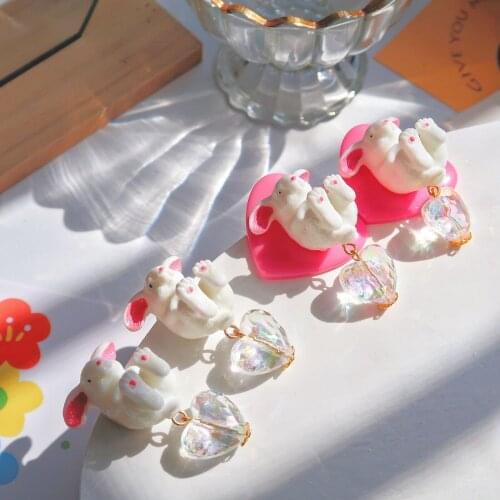 Harajuku Sweet Resin Cute Animal Rabbit Drop Earrings for Women Girls Gift Vintage Crystal Heart Shape Earings Fashion Jewelry