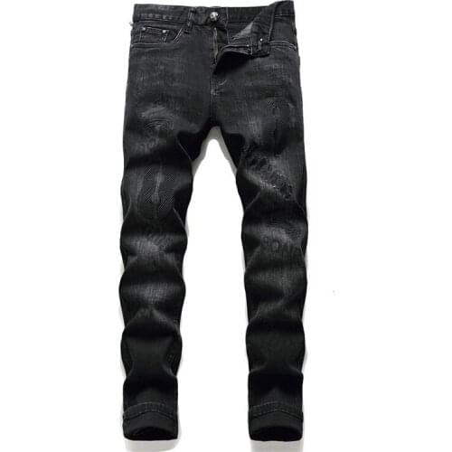 KIOVNO Men Fashion Pattern Jeans Pants Embroidery Black Denim Trousers For Male Patchwork Straight