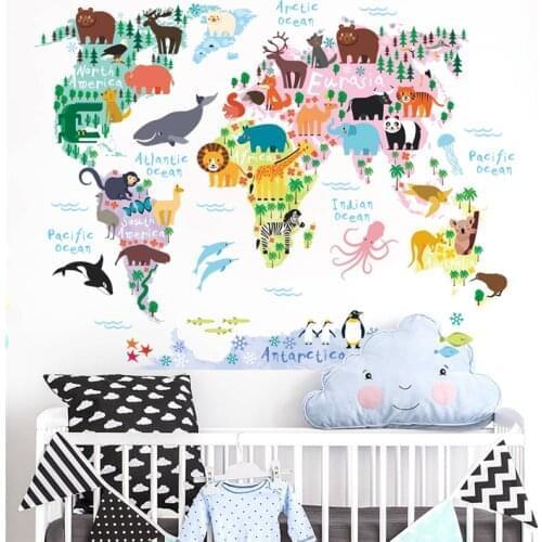 Cartoon animals world map wall stickers bedroom nursery wall decor pvc wall decals diy mural art posters decorations