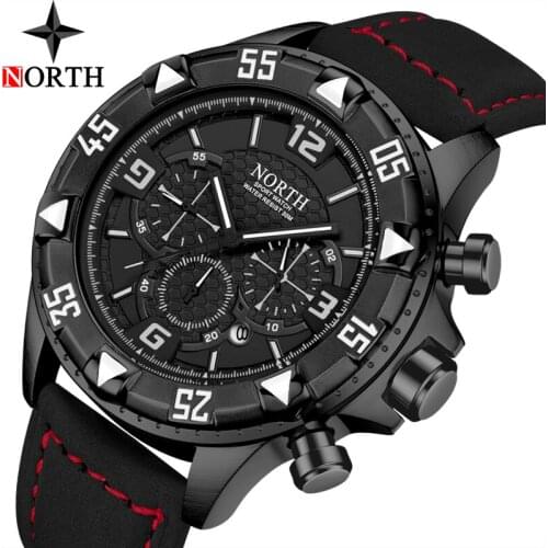 NORTH New Style Mens Watches Waterproof Leather Shock Resistant Military Sport Watch Casual Quartz Watch Men Relogio Masculino