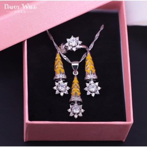 New style silver color jewelry necklace open earrings ring set for women sparking yellow cubic zircon jewelry set