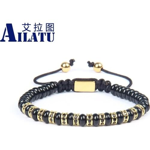New Natural Black Onyx Flatbead Macrame Bracelets with 6mm Black CZ Spacer Beads Engrave Logo Drop Shipping Jewelry