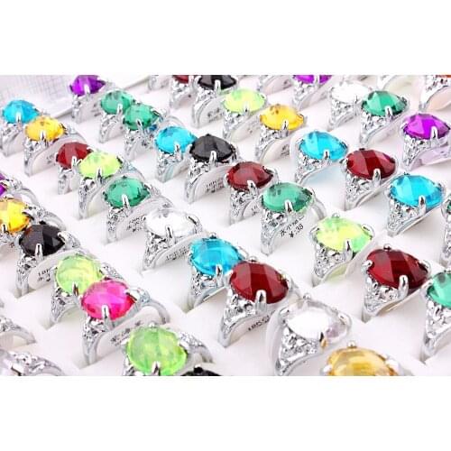 Wholesale Lots Job 10Pcs Oversize Colorful Crystal Exquisite Silver Plated Women Ring Engagement Wedding Party Gift Fashion FREE