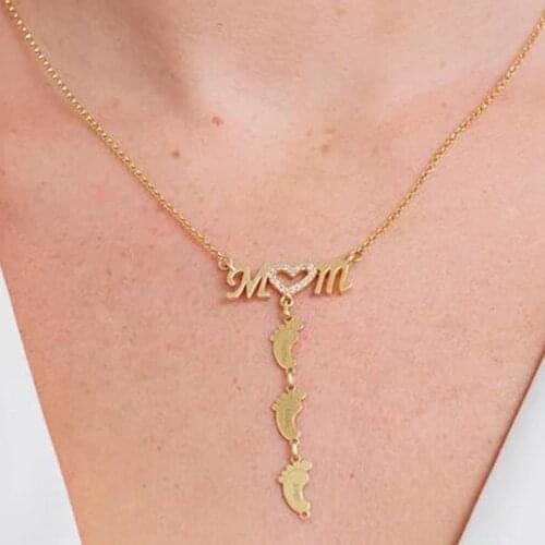 AurolaCo MOM Necklace Gold Mothers Day Gift Custom Name Necklace Letter Pendant Necklace Baby Feet Birthday Gift