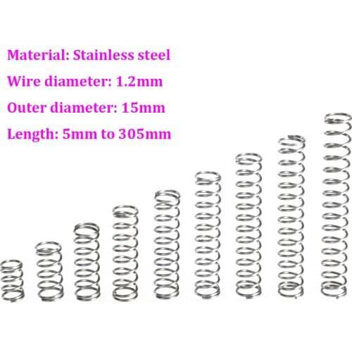 Wire Dia 1.2mm Stainless Steel Compression Spring OD 15mm Pressure Spring Length 5mm - 305mm