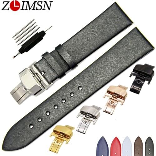 ZLIMSN Genuine Leather Soft Smooth Watchband 18 20 22mm Strap Replacement Black Brown Wristband Butterfly Buckle Relojes Hombre