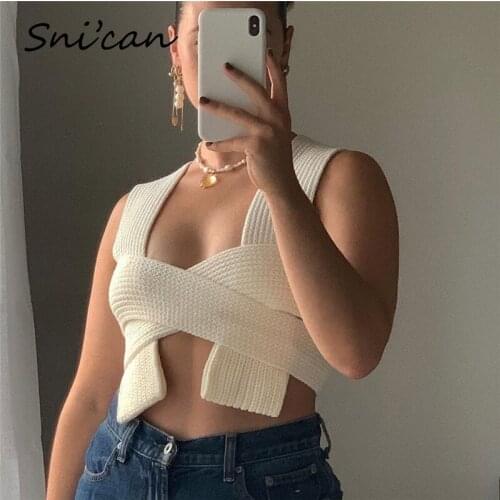 Snican Spring White Sexy Bandage Sweater Vest Vintage Sleeveless Ladies Crop Tops Za 2021 Femme Chandails Gilet Hiver Femme New