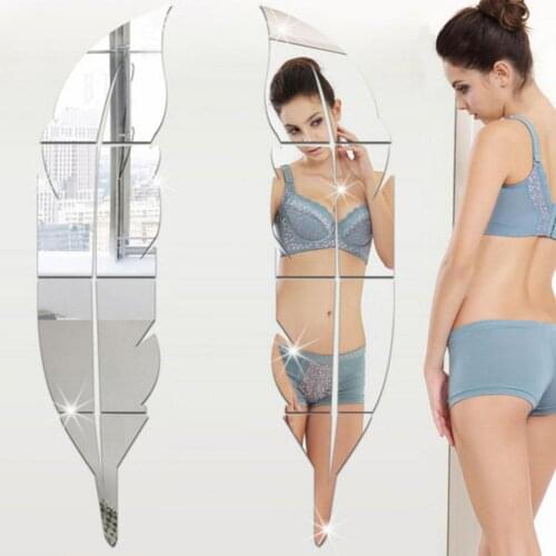 Modern Feather Mirror Wall Sticker Removable Decal Art Mural Wallpaper Acrylic Mirror Decals Home Room DIY Decor