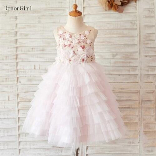 Light Pink Knee Length Kids Clothes Applique Tiered Tulle Baby Girl Party Gown Birthday Dress Photoshoot