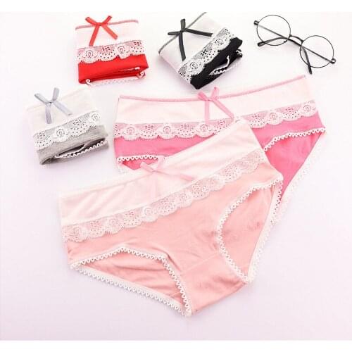 4pcs Hot New Candy color cotton girl underwear Low waist cute bow Teen panties for girls 12-20year girls Lace embroidery panties