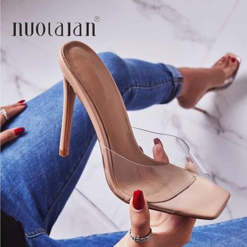 2020 Summer Pumps Sexy PVC Slippers Sandals Shoes Women Thin High Heels Open Toe Sandal Lady Pump Shoes Mules Size 35-42