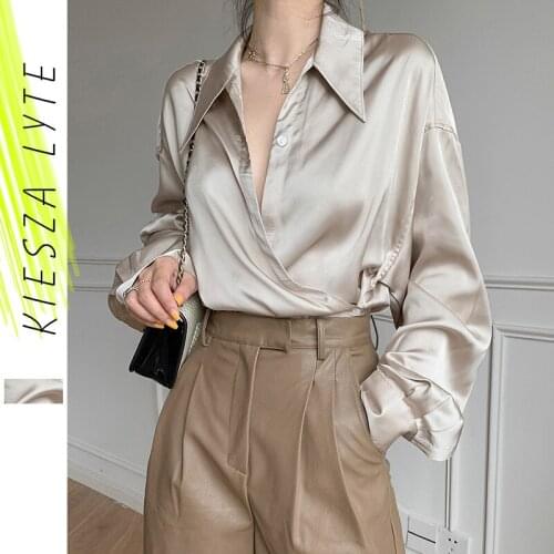 Vintage Champagne Satin Blouse Shirt Office Lady Long Sleeve Top Overshirt Spring 2021 Womens Clothing