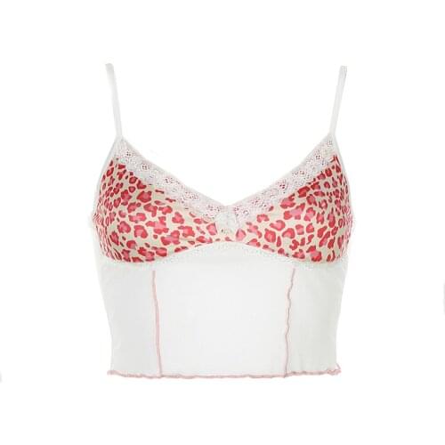Ladies Summer Sexy Camisole Girls Fashion Leopard Print Mesh Lace Decoration V-neck Sleeveless Base Shirt Slim Top
