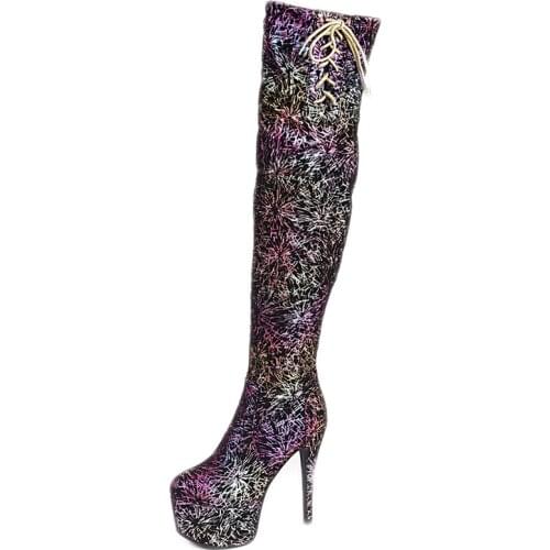 Ultra-High Stiletto Lace-Up Firework Pattern Fashion Women’S Boot European Style High Waterproof Platform Over The Knee Boots