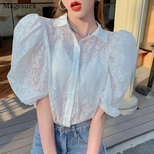 Korean Summer Turn Down Collar Loose Blouse Women Casual Floral White Chiffon Womens Shirt Puff Sleeve Top Blusas Mujer 15277