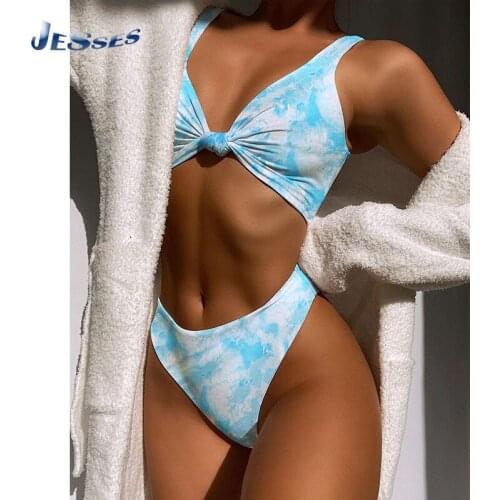 Tie-dye Womens Swimsuit Front Bow Sexy Bikini Summer Print Female Swimwear Beach Bathing Suit Two-piece Push Up Biqini For Lady