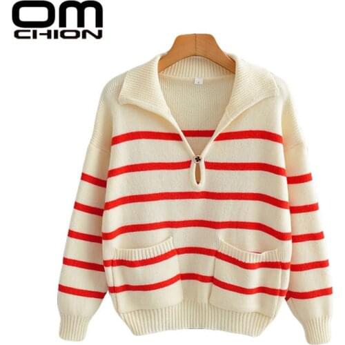 OMCHION Pull Femme 2021 Korean New Sailor Stripe Vintage Red Oversized Sweater Women Chic Casual Lazy Pullover Student Knitwear