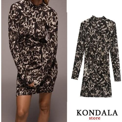 Women Dress Za Vintage Leopard Print Sheath Long Sleeve Dress Party O-neck Autumn Mini Dresses Elegant Mujer Vestidos Slim Dress