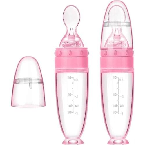 2 Baby Silicone Milk Bottle Spoons With Base Squeeze Rice Cereal Bottle Complementary Food Spoon Milk Bottle 90Ml