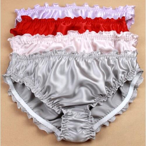 3pcs/lot, Womens 100% Silk Panties String Bikinis Sexy Briefs High quality ruffled silk underwear