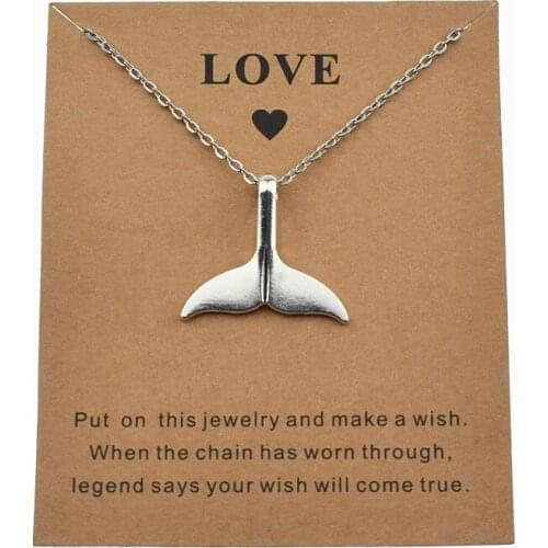 New Lucky Nautical Fish Tail Make a Wish Jewelry for Women Men Silver Color Big Whale Tail Pendant Chain Necklace with Love Card