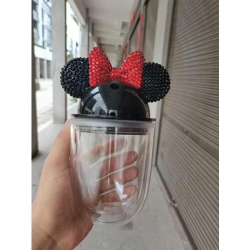 400ml diamond cute mouse ears reusable coffee cup with straw and lid double layer outdoor sports juice cup