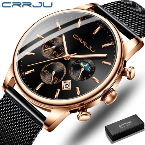 CRRJU Fashion Mens Watches Top Luxury Brand Black Stainless Steel Waterproof Quartz Watch Men Army Military Chronograph Clock
