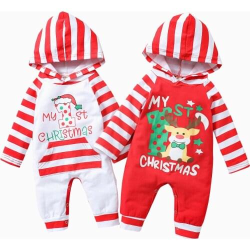 0-18M My First Christmas Baby Boy Girl Rompers Newborn Infant Baby Cartoon Deer Hooded Jumpsuit Playsuit Xmas Baby Costumes