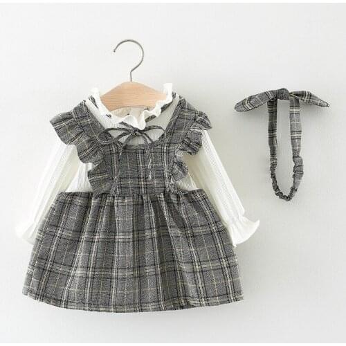 2020 hot sale Kids girls spring Dress Baby girls good long sleeve plaid cotton Dress with headband 1-2 Years