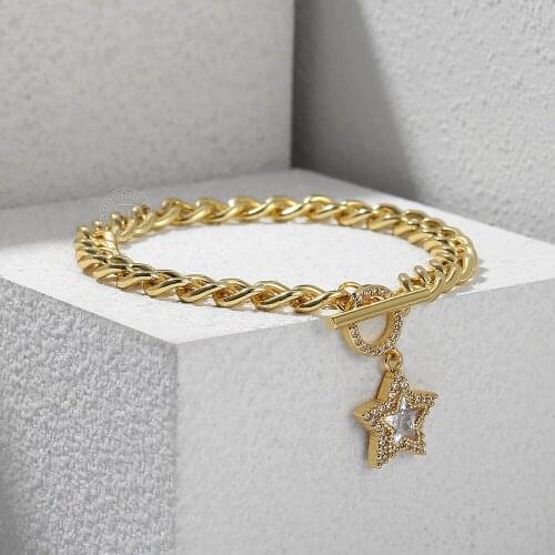 Fashion 6mm Gold Color CZ Paved Star Heart Love Charm Bracelet Curb Cuban Link Chain TO Clasp for Women Girl Jewelry Gift HGB473
