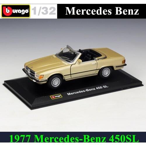 Bburago 1:32 1977 Mercedes-Benz 450SL simulation alloy car model plexiglass dustproof display base package Collecting gifts