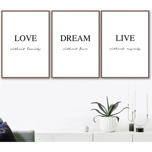 Dream Love Live Motivational Quotes Wall Art Poster Print Black White Simple Canvas Painting Minimalist Picture Room Decoration