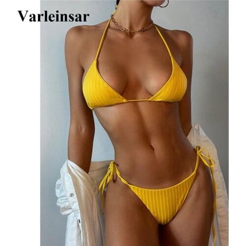 New Sexy Halter Ribbed Thong Bikini Women Swimwear Female Swimsuit Two-pieces Bikini set Padded Bather Bathing Suit Swim V2971Y