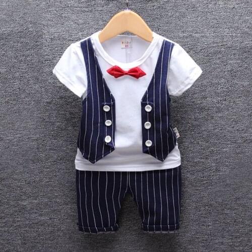 Boy Clothes with Bow Clothing Set Tie Formal Summer Toddler Boy Party Birthday Short Sleeve Gentleman Stripe Outfits