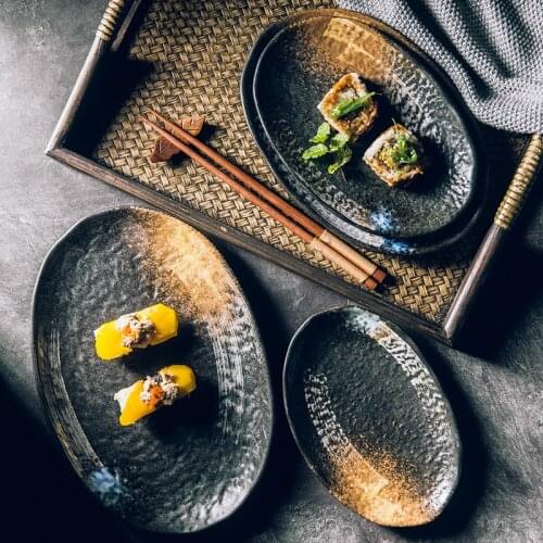Japanese Retro Blue Yellow Decor Creativity Ceramics Dinnerware Black Dishes Creative Oval PlateTableware Fish Plate 1PC